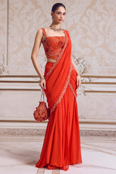 Rust embroidered corset pre draped sari set