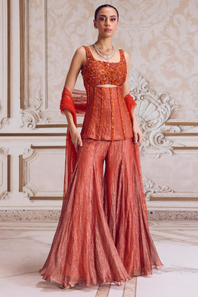 Rust bead embroidered corset sharara set