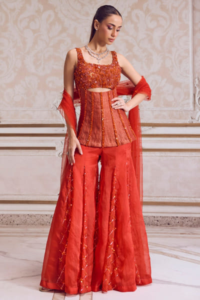 Sanya Gulati Rust sequin embroidered corset sharara set SANDEC25D135057