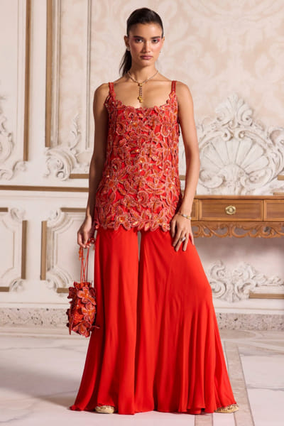 Rust floral cutwork sharara set