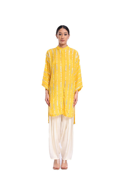 Yellow fish mirror embroidered shirt kurta set