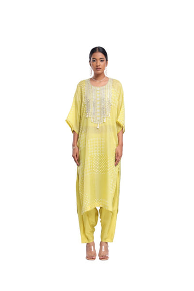 Lime green embroidered block printed kurta set