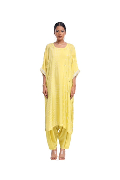 Lime green fish embroidered printed kurta set