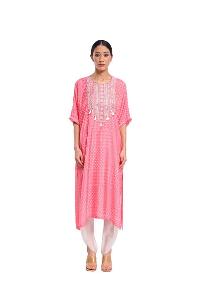 Pink block printed embroidered kurta set