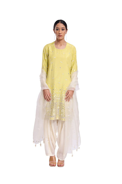 Lime green fish mirror embroidered kurta set