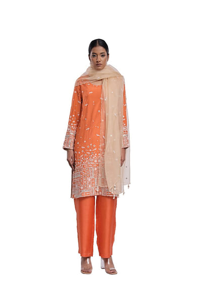 Orange fish mirror embroidered kurta set