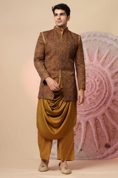Mustard yellow embroidered jacket kurta set