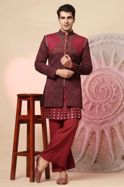 Maroon embroidered jacket kurta set