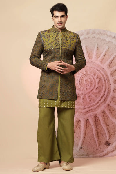 Olive green embroidered jacket kurta set