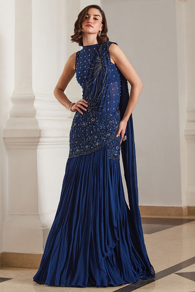 Teal blue embroidered pre-draped sari set