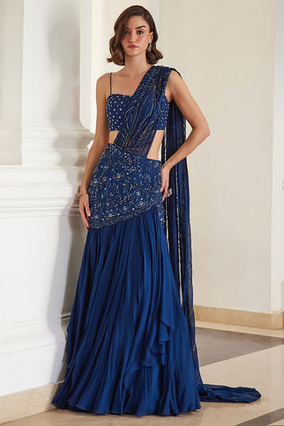 Teal blue sequinned pre-draped sari set