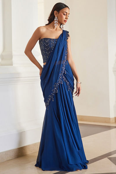 Teal blue sequin pre-draped sari set