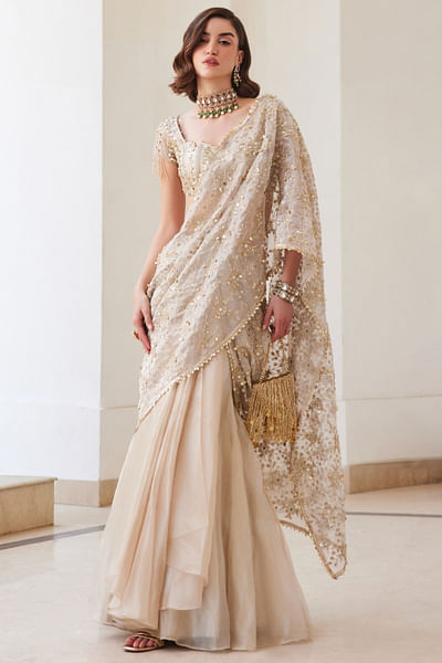 Ivory gold embroidered pre-draped sari set