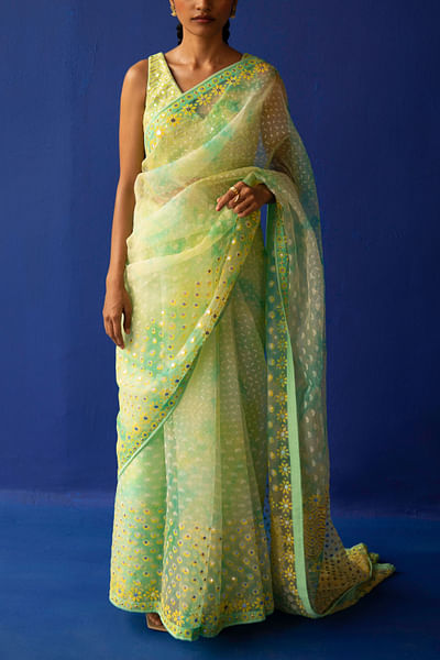 Tie & dye block printed sari set