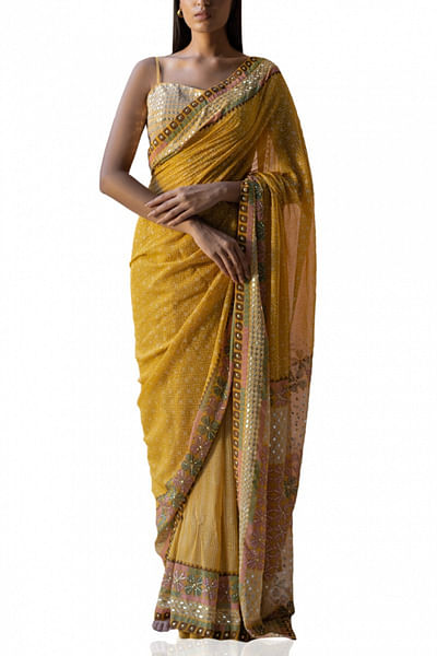 Ochre yellow block printed sari set