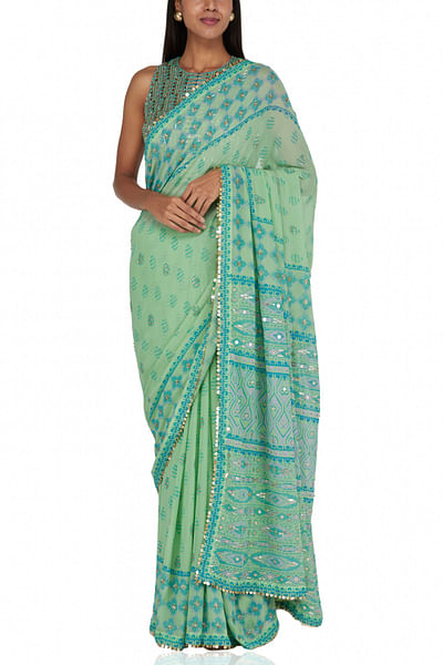 Green block printed sari set
