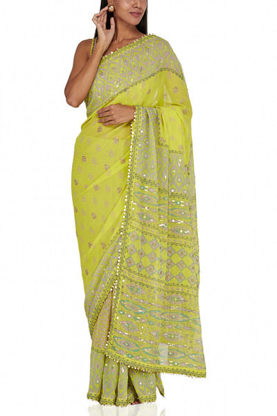Yellow block printed sari 