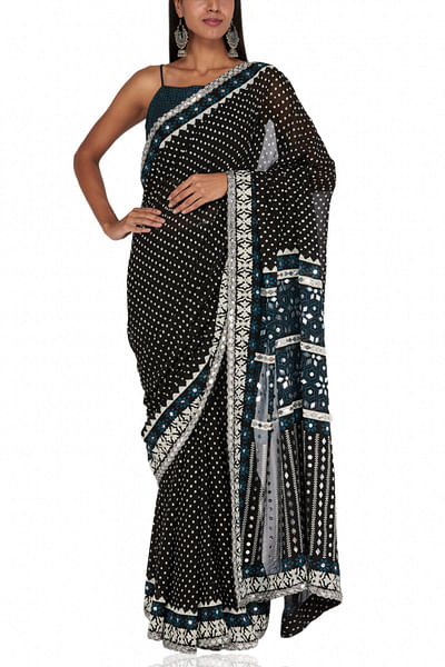 Black block printed sari set