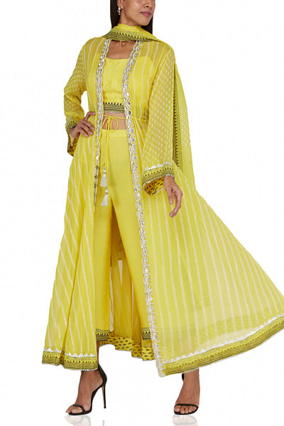 Yellow printed cape with top and trouser