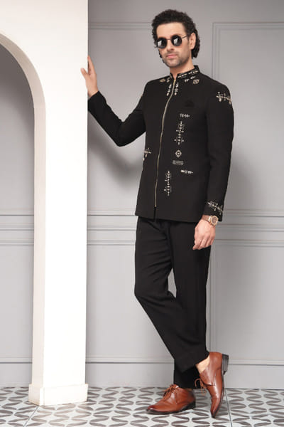 Black embroidered bandhgala set