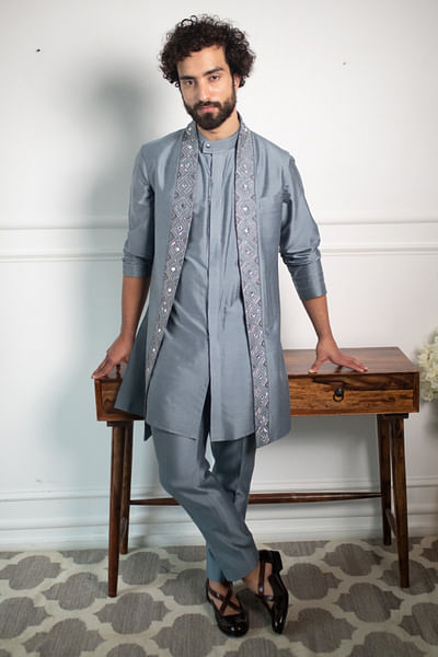 Grey embroidered open jacket set