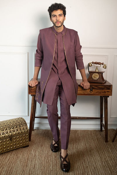 Wine embroidered open jacket set