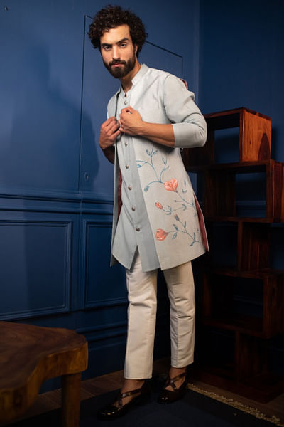 Blue floral motif open jacket set