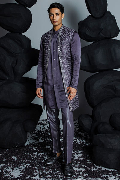 Deep purple floral embroidered shrug kurta set