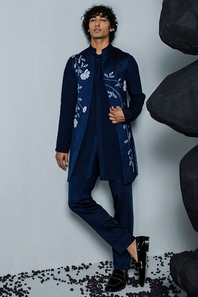 Navy blue floral hand-painted shrug kurta set