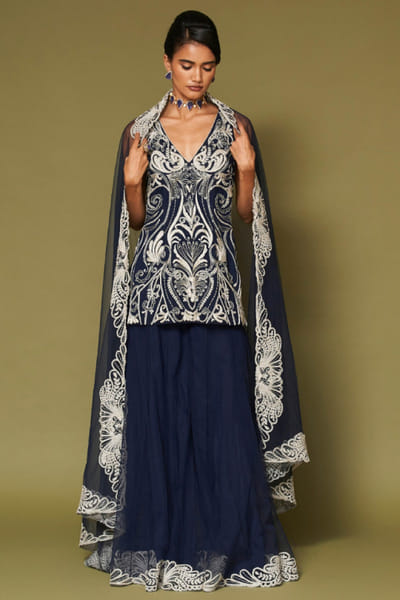 Devnaagri Midnight navy zari embroidered sharara set DEVNAPR26D143034