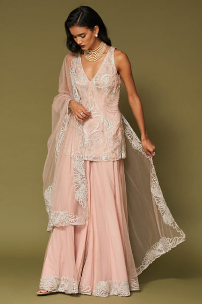 Devnaagri Blush pink zari embroidered sharara set DEVNAPR26D143035