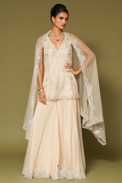 Devnaagri Ivory zari embroidered sharara set DEVNAPR26D143033