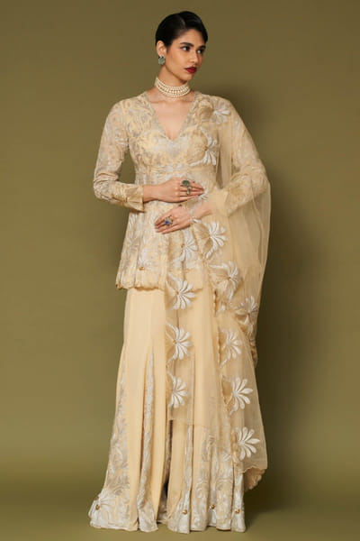 Devnaagri Butter yellow zari embroidered sharara set DEVNAPR26D143037