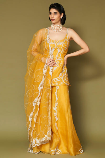 Devnaagri Mango yellow zari embroidered sharara set DEVNAPR26D143039