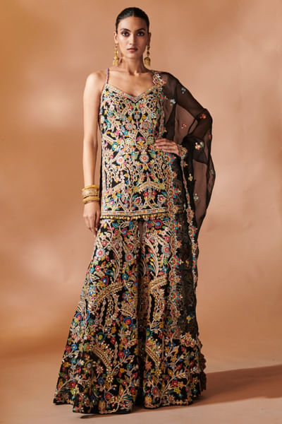 Black mirror embellished sharara set