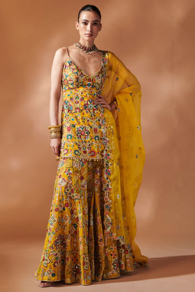 Mustard resham embroidered sharara set