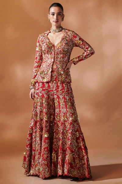 Red resham embroidered jacket sharara set