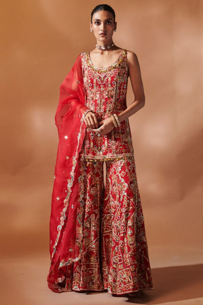 Red resham embroidered sharara set
