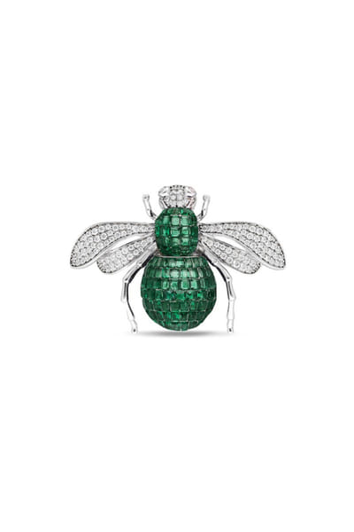 Green and silver embellished honey bee brooch