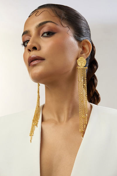 Gold engraved coin duster earrings