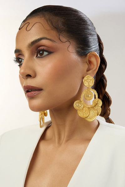 Gold peacock and lotus engraved coin earrings