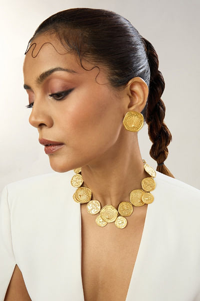 Gold peacock engraved coin stud earrings
