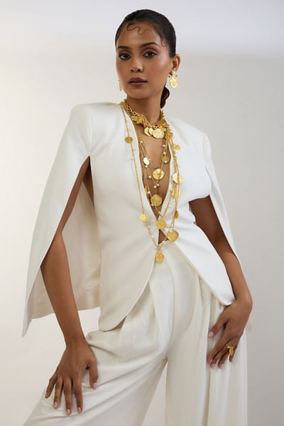 Gold pearl peacock-lotus coin layered necklace