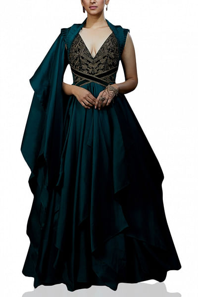 Emerald green draped gown