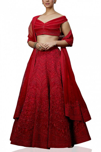 Scarlet red embroidered lehenga set