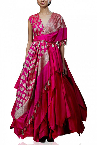 Fuschsia pink draped lehenga set