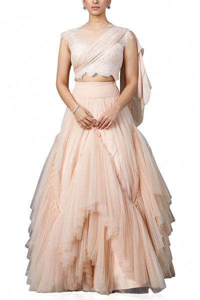 Light peach draped lehenga set