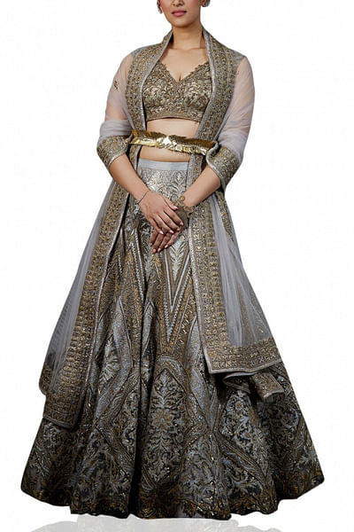Grey raw silk lehenga set