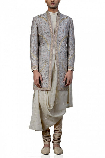 Grey shawl collar sherwani set