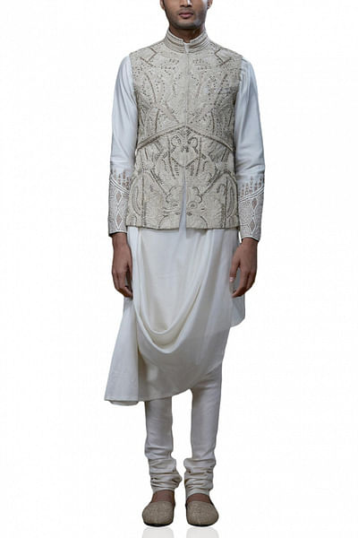 Off-white kurta and waistcoat set
